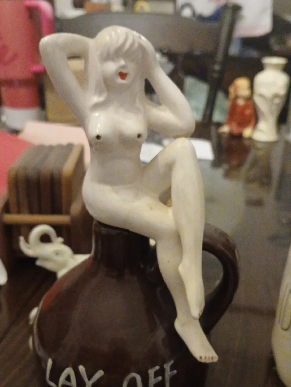 Vintage 1950 Brown Ceramic Decanter with White Figurine - Lay Off Private Stuff